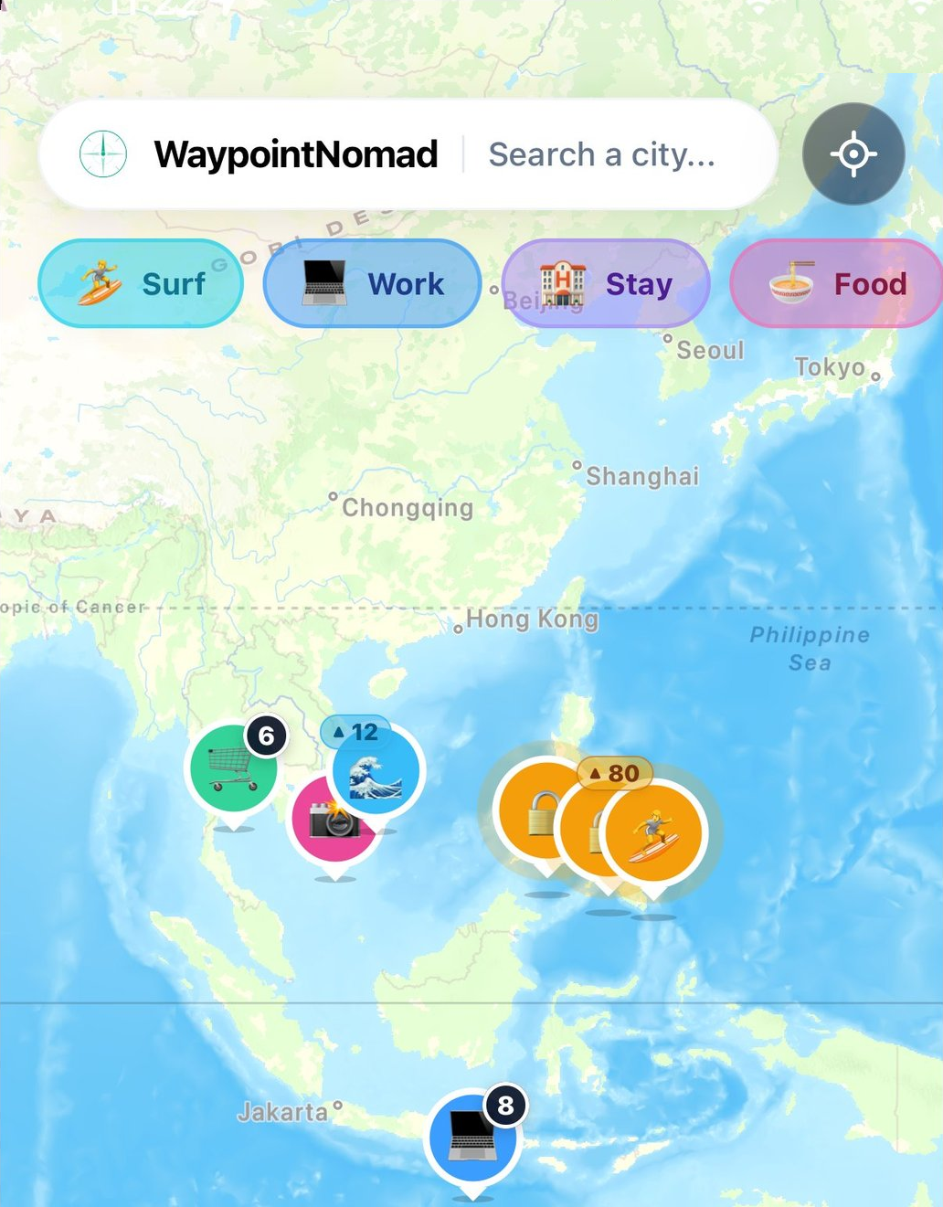 WaypointNomad app showing a world map with pinned spots across Asia